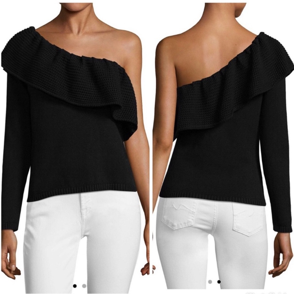Ella Moss One Shoulder Black Sweater with Ruffle Neckline - Size XS